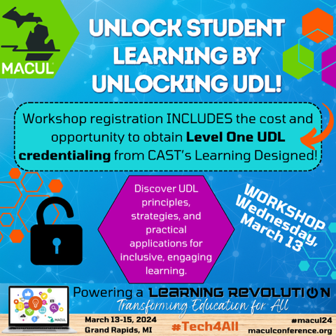 Do you want to become #UDL credentialed? Signup for this Wednesday workshop at #MACUL24, and you'll earn exactly that along with a framework for supporting ALL learners! #Tech4All
#edchat #edtech maculconference.org/conference-wor…
