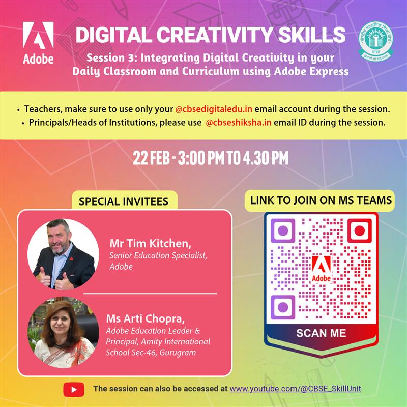 Secure your seat as we gear up for our 3rd session on how to use #AdobeExpress in classrooms. Excited to have perspectives of @timkitchen and @artichopra10 #digitalskills #creativity #GenerativeAI Scan the QR code and see you on 22Feb at 3pm!