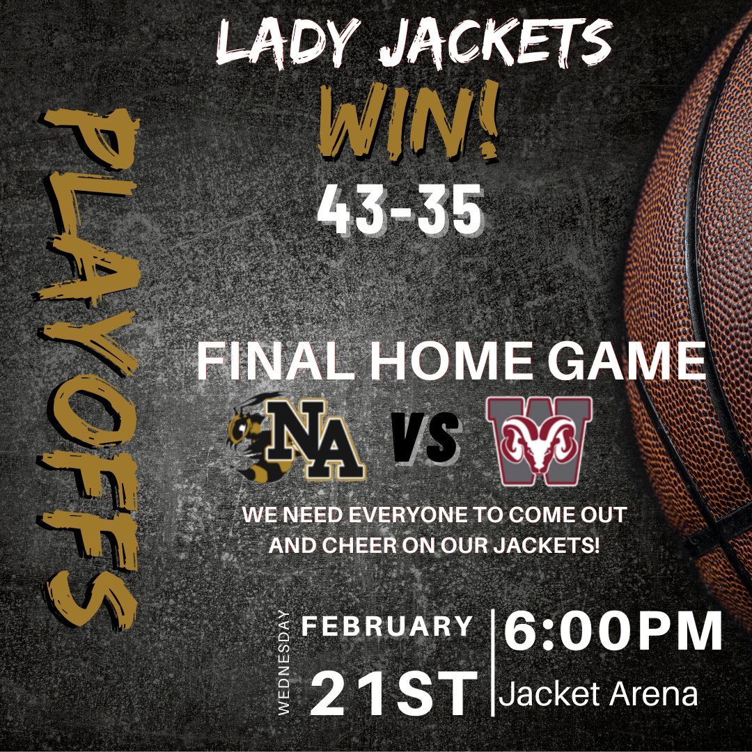 CONGRATULATIONS to our Lady Jackets for their win over Greer HS, beating them 43-35. The Lady Jackets will play their final game at home, 2/21 in the Jacket Arena; Game time is 6:00pm! We encourage everyone to come out to cheer on our girls to help take them to the semi-finals!