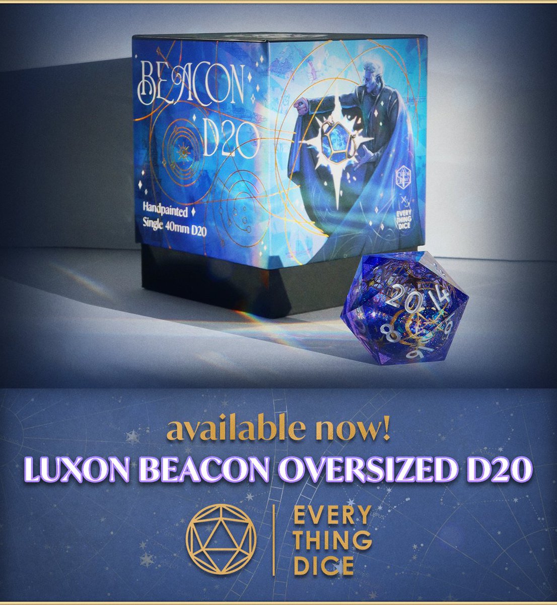 🔮 MAGICAL MERCH HYPE! 🎲 Our Luxon Beacon inspired dice collab with @everythingdice is complete with golden dunamancy sigils and gorgeous box art by @annazee_s featuring Essek Thelyss himself! Available now in our US, EU, and UK shops!