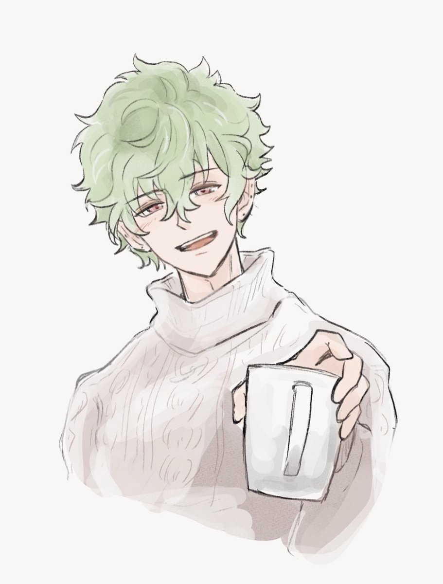 1boy male focus solo green hair cup holding sweater  illustration images