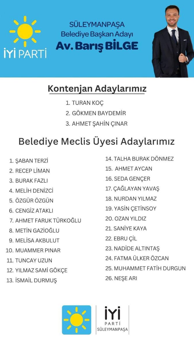 Daha yaşanabilir bir Süleymanpaşa sloganıyla çıktığımız yolda şehrimizi yönetmeye talip her biri kendi alanında başarılı, kendini kanıtlamış  İYİ kadromuz. 

Bekle Süleymanpaşa!
Gerçek belediyecilik ile tanışmaya çok #azkaldı ☀️

#suleymanpasayabarışİYİgelecek

<a href="/barisbilge1984/">baris bilge</a>