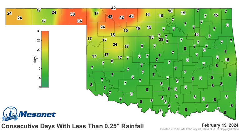 okmesonet's tweet photo. While most of the state has good soil moisture conditions the northwest seems to have missed out somewhat on recent rainfall.  1 to 2 months without a 1/4 inch of rain in parts of Woods and Beaver counties. #okmesonet https://t.co/95rmZ1kx1Q