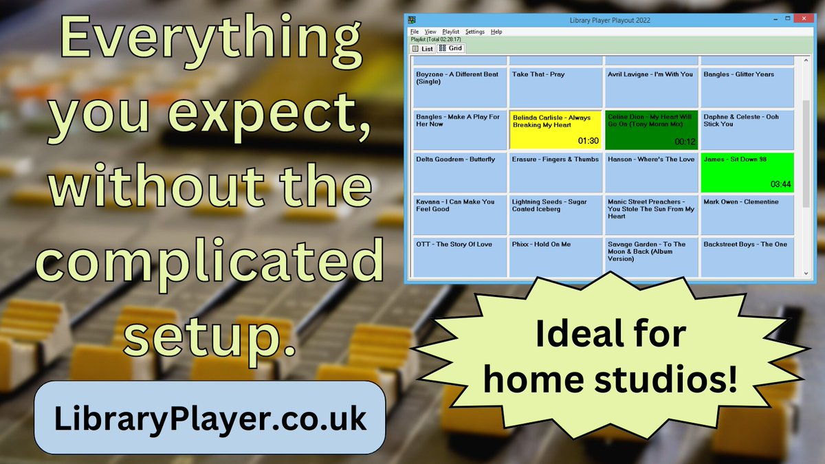 In addition to MP3 List, I also offer playout software.

Everything you expect, without the complicated setup!

Ideal for home studios and smaller broadcasters.

Download and try for free at:
libraryplayer.co.uk/2021/07/playou…

#communityradio #hospitalradio #broadcasting