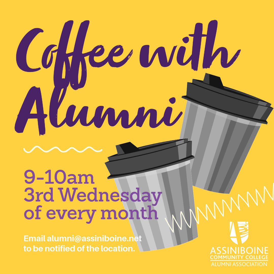 assiniboine_mb's tweet photo. ☕ Join us tomorrow for the first Alumni Coffee Meet-Up.

📅 Wednesday, February 21
🕘 9-10 a.m.
📍 The new Student Association Area at the Victoria Ave East campus

We will be meeting the 3rd Wednesday of every month at a different alum location in Brandon. Stay connected! https://t.co/bBsfhw8tBs