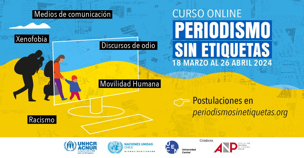 ¡Inscríbete ahora en el Curso online #PeriodismoSinEtiquetas para periodistas de #Latinoamérica! Aquí: bit.ly/3tVSi1S
<a href="/Laura_Ardila_A/">Laura Ardila Arrieta</a> <a href="/NidiaSerrano/">Nidia Serrano</a> <a href="/JCanoNieto/">Juliana Cano Nieto</a> <a href="/RPardoGP/">Rodrigo Pardo</a> <a href="/claudibaez/">Claudia Báez</a> <a href="/GodoySoll/">Sonia Godoy</a> <a href="/anmpchile/">ANMPE Asociación Nacional de Mujeres Periodistas</a> <a href="/pattafox/">Patta Alrringo / periodista 📱</a> <a href="/PatriciaStambuk/">Patricia Stambuk</a> <a href="/mirnaschindler/">mirna schindler</a> <a href="/lucialopezchile/">Lucía López</a>