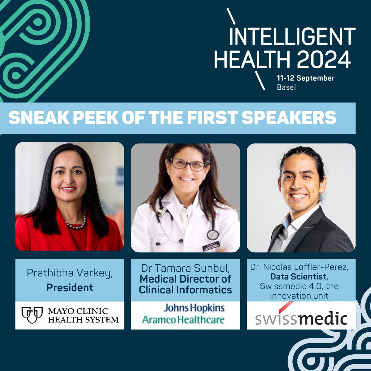 IntHealthAI's tweet image. Trailblazers. Pioneers. Our #IntelligentHealthAI speakers are all that &amp;amp; more.

Joining us for 2024:
🧠 @DrPVarkey, @MayoClinicHS
🧠 @Sunbultj, @JHAHNews
🧠 Dr. Nicolas Löffler-Perez, @Swissmedic_

Don't miss a thing 👉 hubs.li/Q02lFJJJ0
#HealthTech #MedTech #DigitalHealth