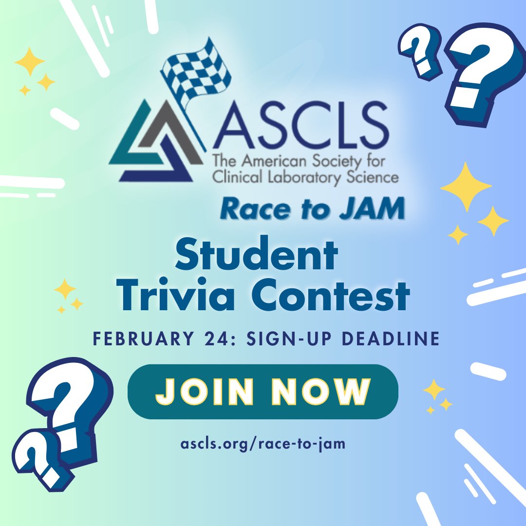 #MedicalLaboratory students: Test your knowledge in a friendly trivia competition and prepare for your national certification exam. The ASCLS Race to JAM is hosted by the ASCLS Developing Professionals Forum. Sign up by Feb 24! #IamASCLS #Lab4Life #LabJAM
ascls.org/race-to-jam/