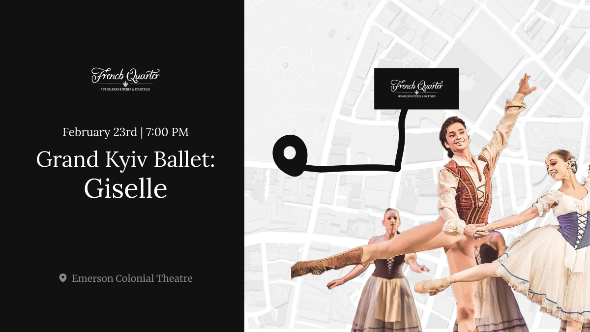 Don't miss the enchanting Giselle ballet this Friday at @EmColonial! 🩰 Join us at French Quarter for exquisite food and drinks before the show, just a 7-minute walk from the theatre. 🍸 Reserve your table: shorturl.at/brsFG

#BostonDining #BostonTheatre
