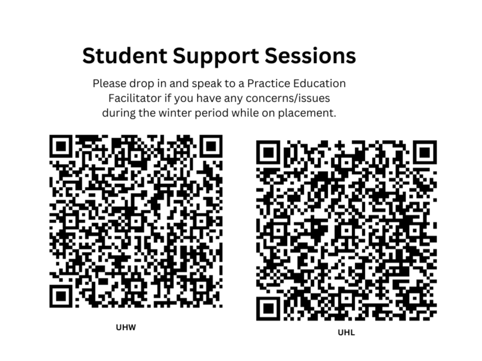 Come along to our student support sessions for any @cardiffuni, @Unisouthwales and @Openuniversity students who are on placement in @CV_UHB. Meet the PEF team and ask anything student related. Scan the QR code for more information