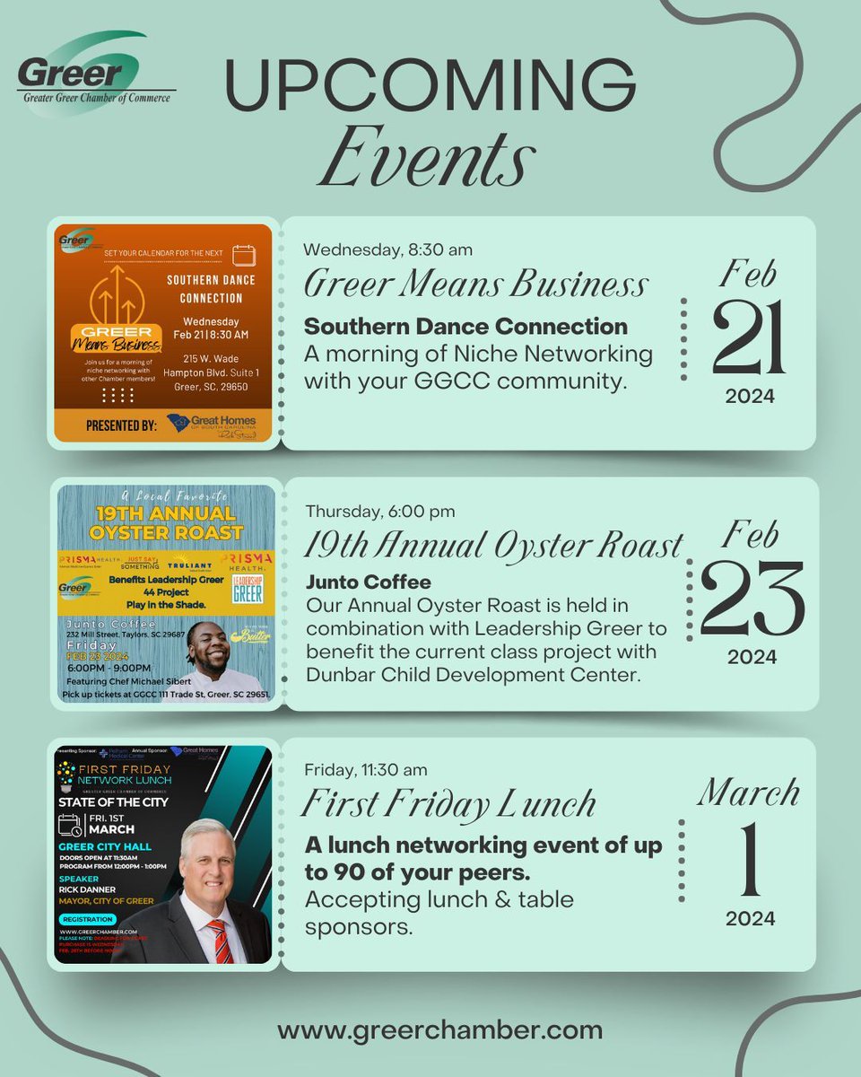 GreerChamber's tweet photo. Hurry & secure your spot at these upcoming events!
https://t.co/BqC2E7AgBn
#greerchamber #greersc #chamberofcommerce #greer #chamber #commerce #business #local #network #b2b #tuesdayvibe #tuesdaymotivation #network #networking #professionalnetwork #businessowners #b2b https://t.co/ErfFD3pMk0