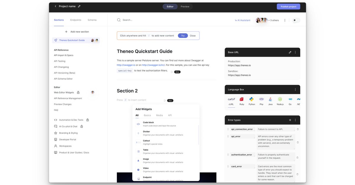 TheneoAPIDoc's tweet image. 🚀 Sneak Peek! Theneo's new editor is coming:
Real-time ✨ Team Collaboration
Innovative 🛠 Widgets
Direct Schema Configuration 📊
Stay tuned for game-changing updates in API documentation. Which feature excites you most? #Theneo #APIDocs #API