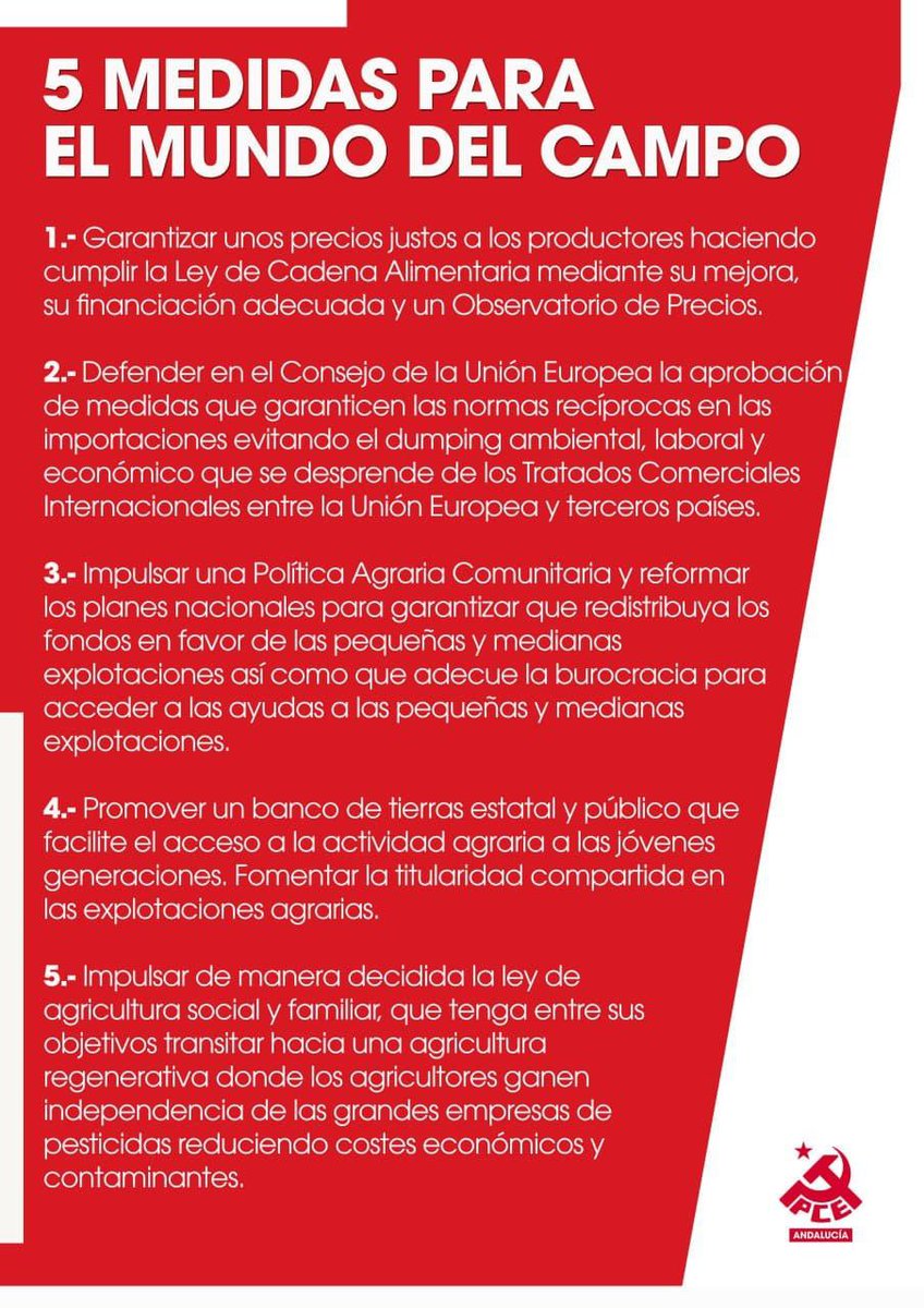 🫒Desde el PCE Jaén mostramos nuestro apoyo a las protestas del campo en defensa de la agricultura social. 🫒
· Y aquí os dejamos 5 medidas en defensa del campo,  que  <a href="/Toni_Valero/">Toni Valero🔻</a>  <a href="/iuandalucia/">IU Andalucía🔻</a>  , diputado por Sumar presentó  a través de una Proposición no de Ley en el congreso.