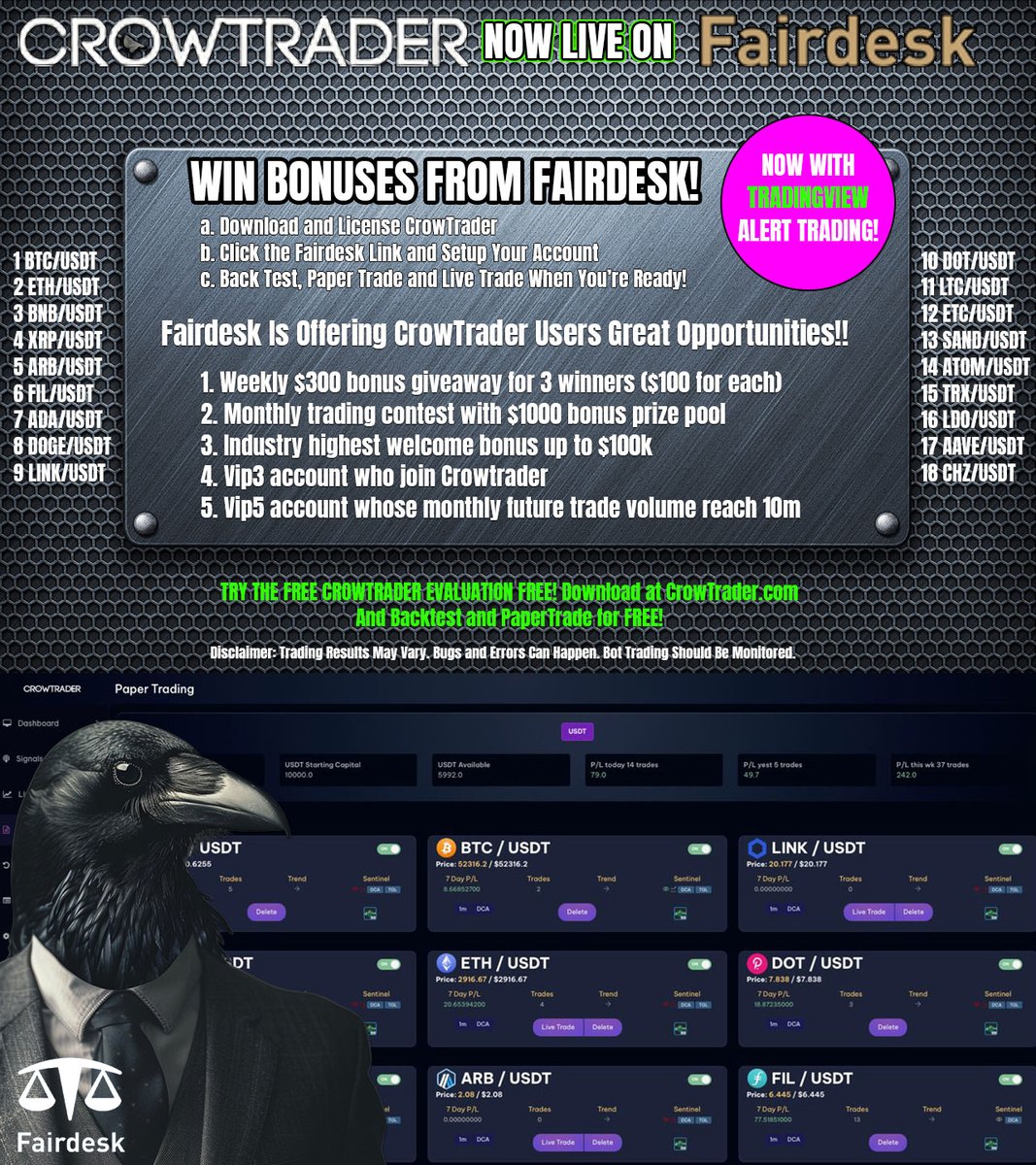 jasonappleton's tweet image. crowtokens.com/FairDesk CrowTrader Now Live #trading on @FairdeskGlobal for you #botrading degens out there. Tis the season! #BTC #ADA #cardano 
CrowTrader.com