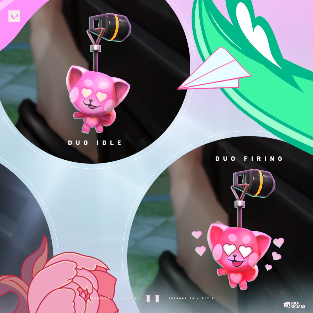 VALORANT's tweet photo. Your situationship might be complicated, but the dynamic Duo’s Day Gun Buddies aren't:

1. Solo Idle (happy, orange, chill)
2. Solo Firing (less happy, orange, not chill at all)
3. Duo Idle (smitten, pink)
4. Duo Firing (heart eyes, true love, pink) https://t.co/OLQdZgFYkQ