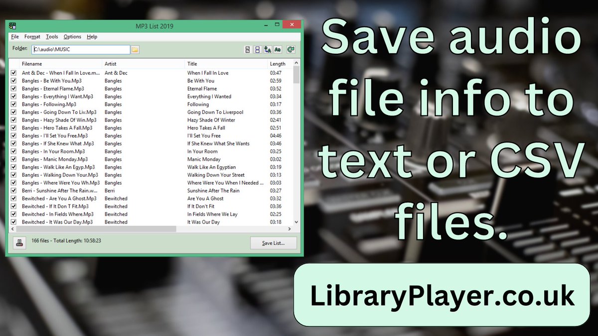 MP3 List includes options to customise the list of audio files before saving.

E.g. including filenames only, changing the columns included in a CSV, etc.

Download and try for free at:
libraryplayer.co.uk/2021/07/mp3lis…

#communityradio #hospitalradio #broadcasting
