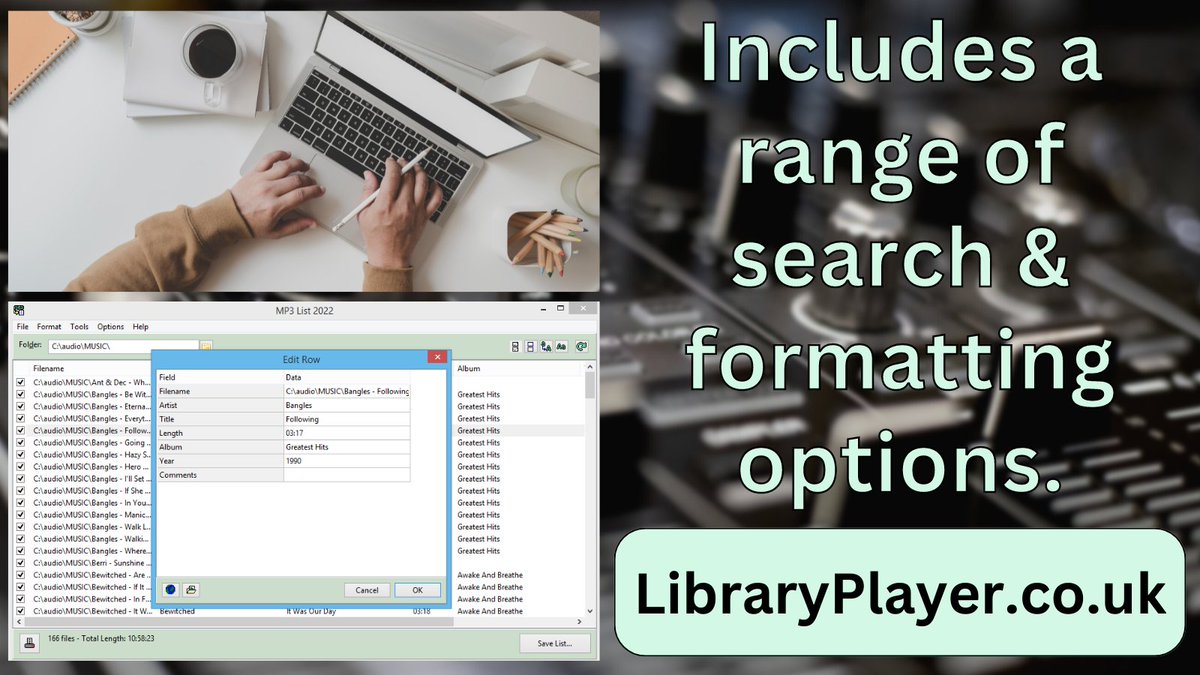 Gather and save a list of audio file info to a text or CSV file using MP3 List!

Select the folder with the audio, and click "Save List".

Download and try for free at:
libraryplayer.co.uk/2021/07/mp3lis…

#communityradio #hospitalradio #broadcasting