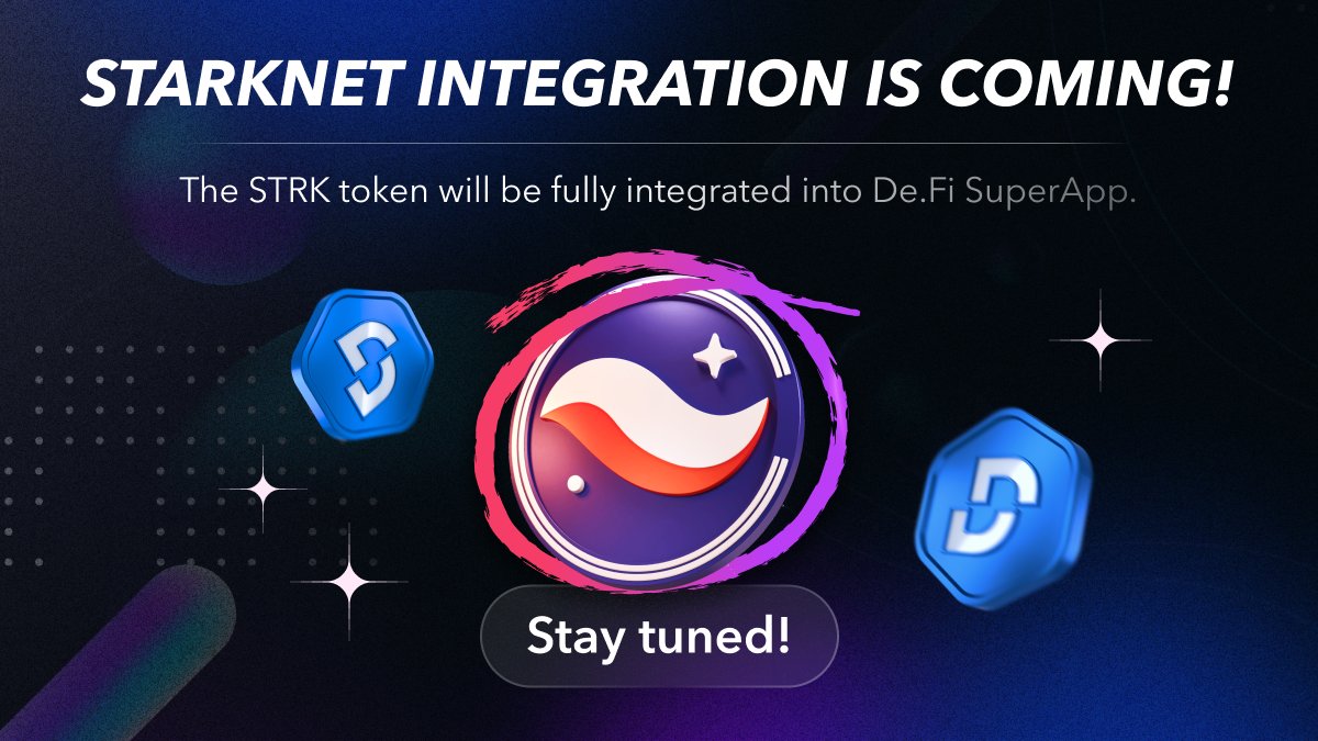 DeFi's tweet photo. 🚨 Announcing Synergy with Starknet!

We are proud to announce the upcoming full toolsuite integration of @Starknet Ecosystem into the DeFi SuperApp:

• SocialFi
• API Support
• And more!

🧵 Embrace Starknet. With us. https://t.co/6AFwA48W1p
