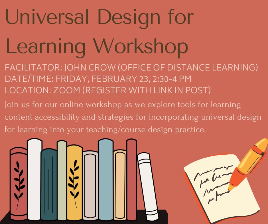 Join us this Friday at 2:30pm for an online workshop on Universal Design for Learning with the amazing John Crow!

Zoom link: fsu.zoom.us/j/91481657885

Register here: forms.office.com/Pages/Response…