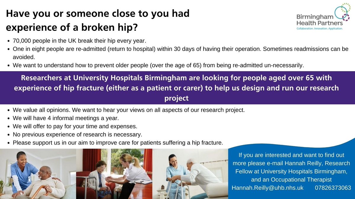 Opportunity here ⬇️ to get involved in an important research project aiming to reduce re-admission following hip fracture. @uhbtrust @emmasuttPhysio @RuthPearce18 @teresamelody1 @BHPComms @BHPClinAc #hipfracture