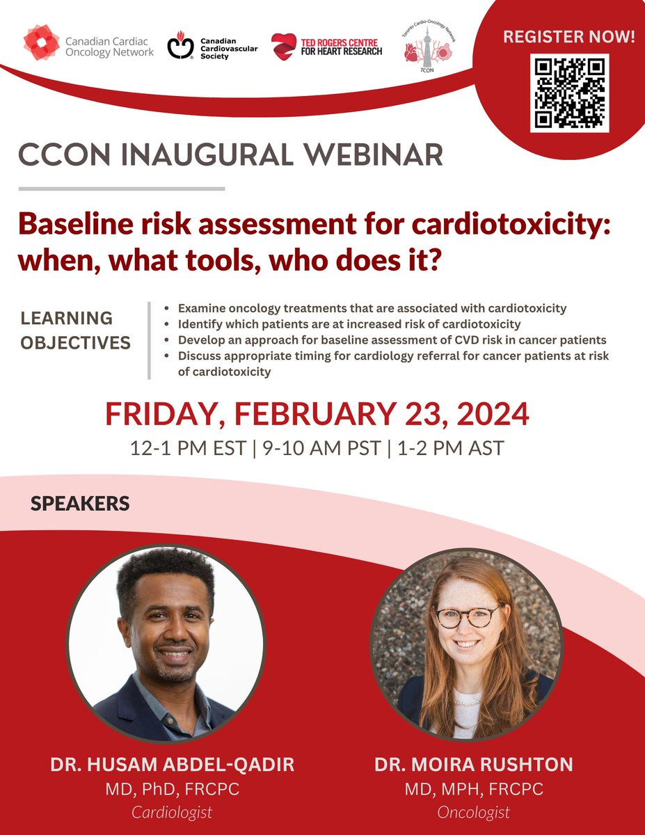 Toronto Cardio-Oncology Network (TCON) (@tocardiooncnet) on Twitter photo Join us for the inaugural CCON (<a href="/CCardiacON/">Canadian Cardiac Oncology Network</a>) Webinar on Fri Feb 23 @ 12pm
Learn about “Baseline risk assessment for cardiotoxicity” from Dr. Abdel-Qadir (<a href="/husam247/">Husam Abdel-Qadir</a>) and Dr. Rushton (<a href="/MoiraRushton/">Moira Rushton, MD, MPH</a>)
Register here: tinyurl.com/y6839t9r
<a href="/SCC_CCS/">CCS</a> <a href="/trogersresearch/">Ted Rogers Centre for Heart Research</a> <a href="/PMunkCardiacCtr/">Peter Munk Cardiac Centre</a> Join us for the inaugural CCON (<a href="/CCardiacON/">Canadian Cardiac Oncology Network</a>) Webinar on Fri Feb 23 @ 12pm
Learn about “Baseline risk assessment for cardiotoxicity” from Dr. Abdel-Qadir (<a href="/husam247/">Husam Abdel-Qadir</a>) and Dr. Rushton (<a href="/MoiraRushton/">Moira Rushton, MD, MPH</a>)
Register here: tinyurl.com/y6839t9r
<a href="/SCC_CCS/">CCS</a> <a href="/trogersresearch/">Ted Rogers Centre for Heart Research</a> <a href="/PMunkCardiacCtr/">Peter Munk Cardiac Centre</a>