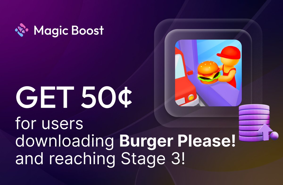 ⚠️ A New #Offer is Live on Magic Boost - Burger Please! iOS GB ⚠️ 🤑 Earn 50¢ for every user who downloads 'Burger Please!' and reaches Stage 3! 💸 Commission Amount: 50¢ 🌎 Available: Great Britain Only 📱 Device: iOS Devices Only 👉 Sign Up: magic.store/magic-boost