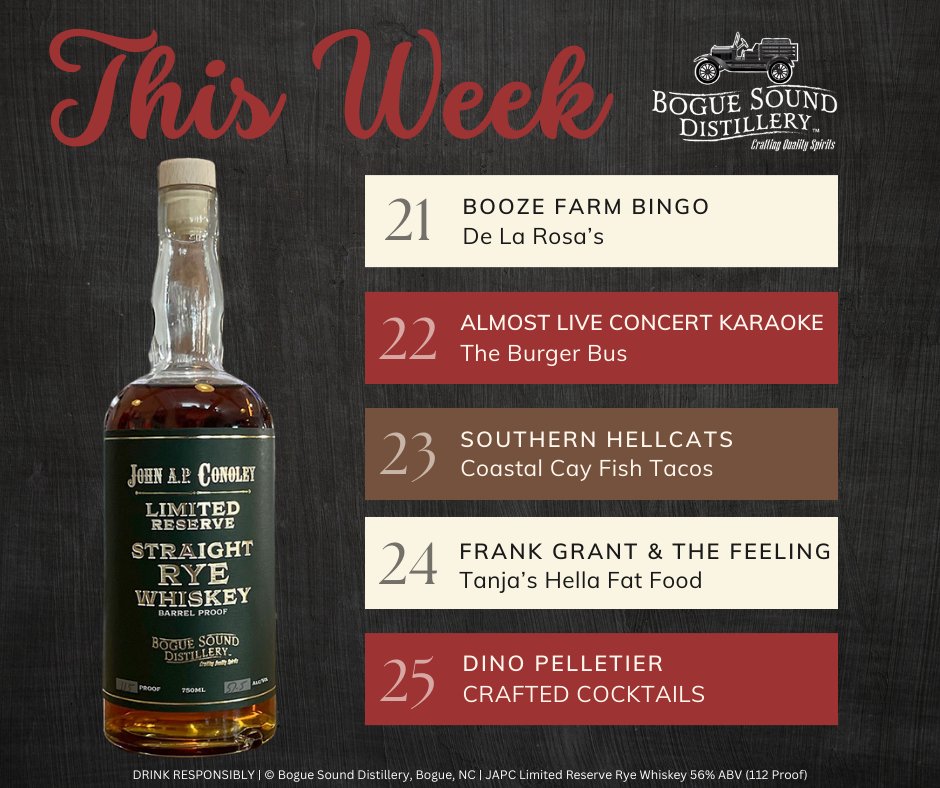 BogueSoundDist's tweet image. 🌟 This week's lineup at Bogue Sound Distillery is unforgettable! 🎉 From live music to delicious bites, we've got you covered. Join us as we create moments to savor and memories to cherish. See you soon! 🥂🎶 

#BogueSoundEvents #LiveMusic #DistilleryLife #CheersToTheWeek