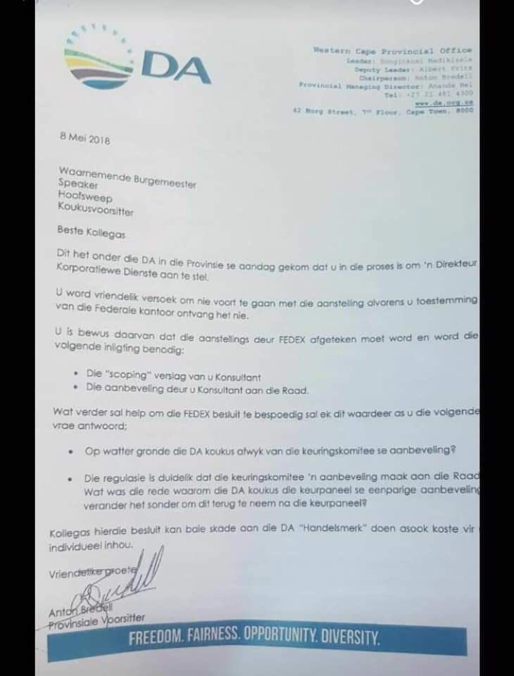 It’s worth reminding DA and X family of evidence of DA “ cadre deployment “. Here a letter from Anton Bredell as DA then provincial chair to George DA caucus instructing that only FedEx can deploy ! The intent was actually to a black candidate who was best qualified . (1)