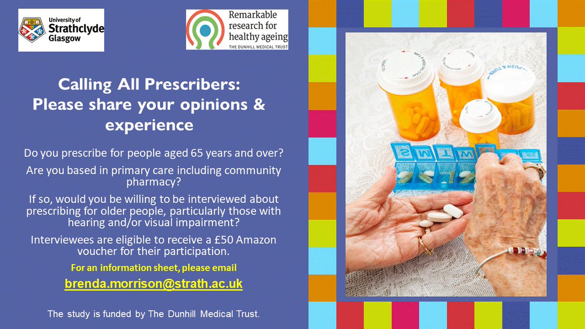 Brenda Morrison (@b_morrison20) on Twitter photo <a href="/UniStrathclyde/">University of Strathclyde</a> is conducting an interview study on prescribing for older people with hearing and/or visual impairment in the UK. If you are a prescriber committed to providing safe and effective pharmaceutical care, we want to hear from you.
Please share and sign up ⬇️ <a href="/UniStrathclyde/">University of Strathclyde</a> is conducting an interview study on prescribing for older people with hearing and/or visual impairment in the UK. If you are a prescriber committed to providing safe and effective pharmaceutical care, we want to hear from you.
Please share and sign up ⬇️
