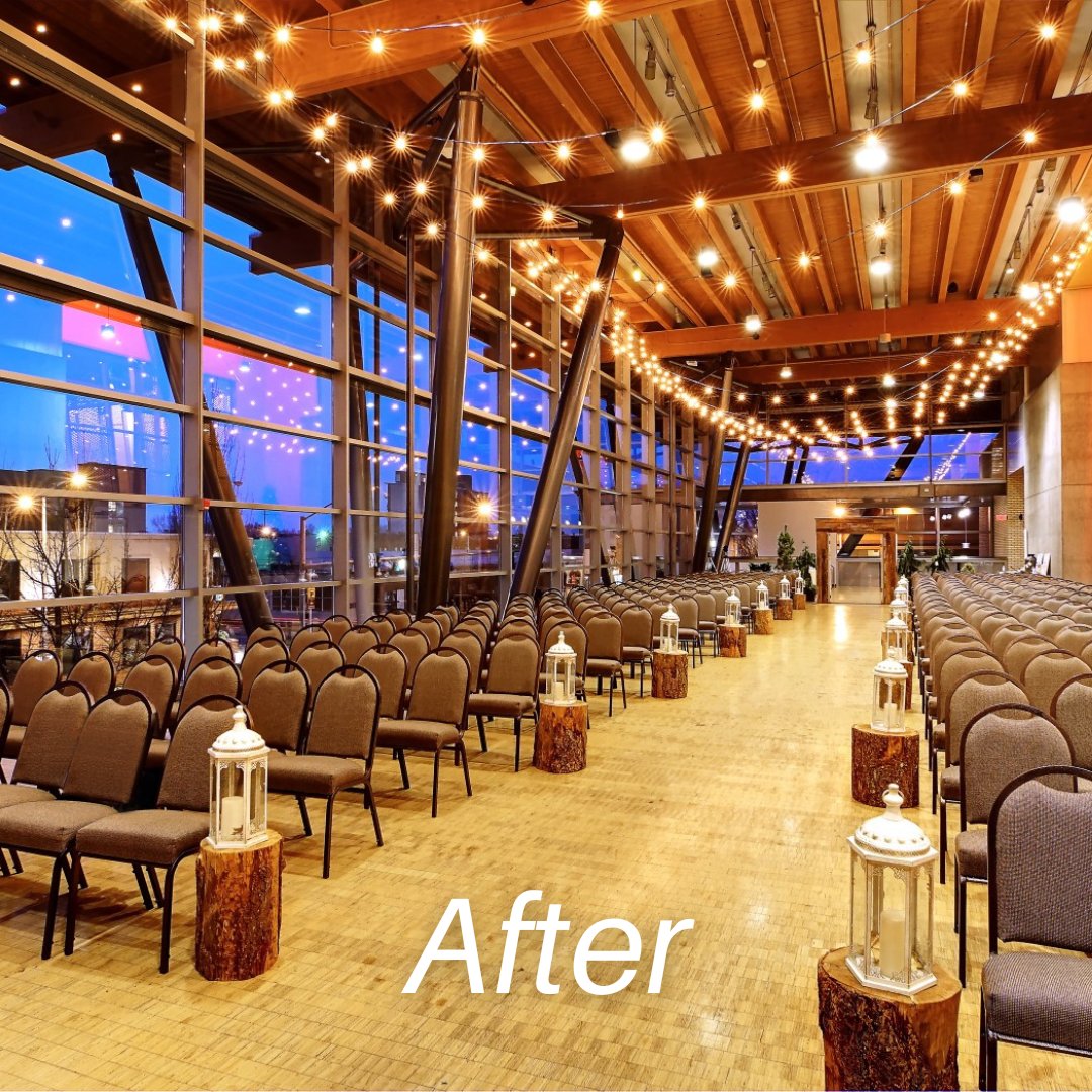 Check out this stunning before-and-after of a wedding setup in our upstairs foyer. Your vision, our expertise—we make it happen! Click here to learn more about what we can provide for your big day: ecs.page.link/rwkUV
