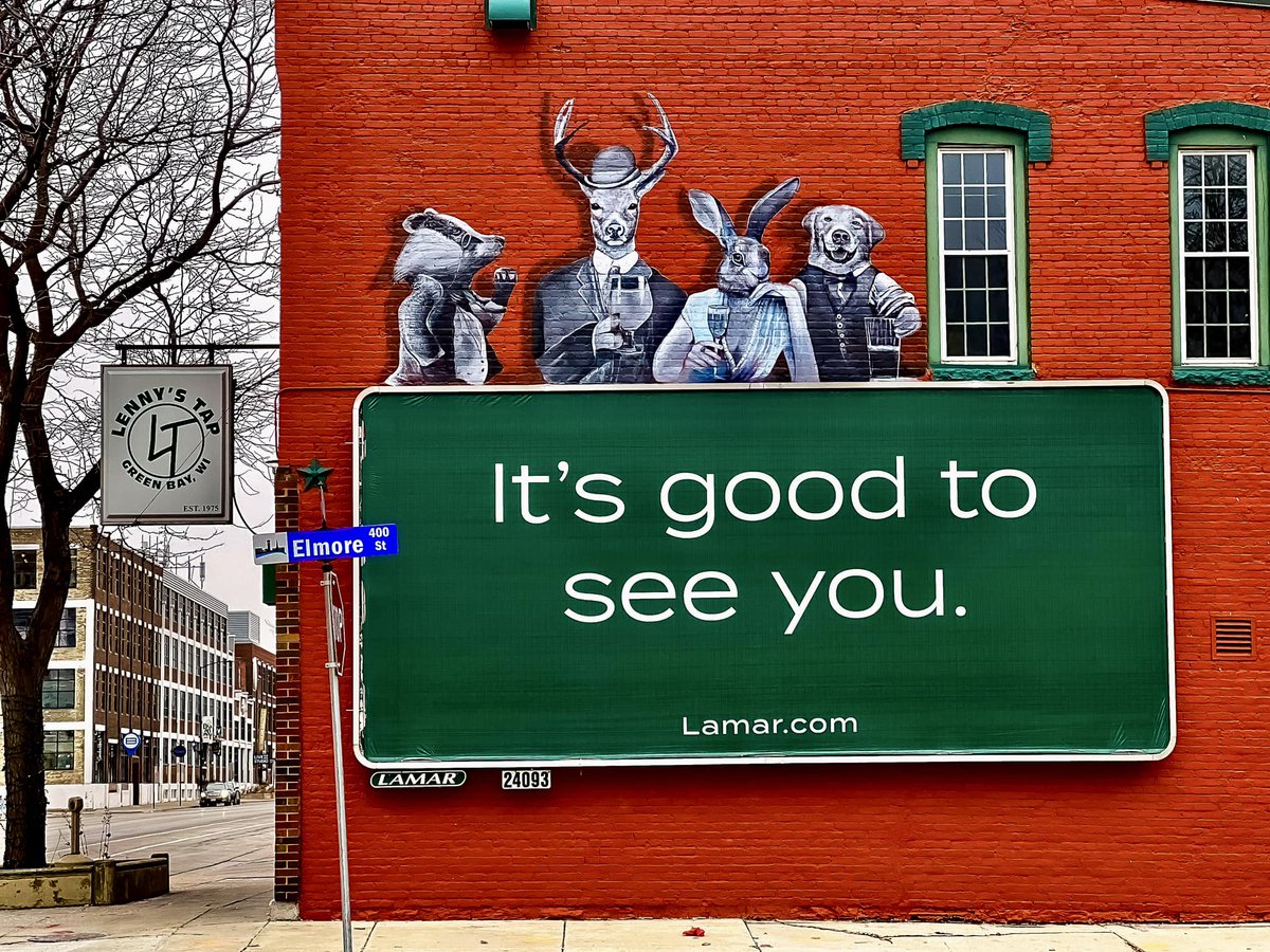 If you’re near Elmore St. in Green Bay, grab a drink at Lenny's Tap, and check out Lamar's new promotional campaign in action on a hand painted mural alongside the building. #ooh #billboards #LamarAdvertising