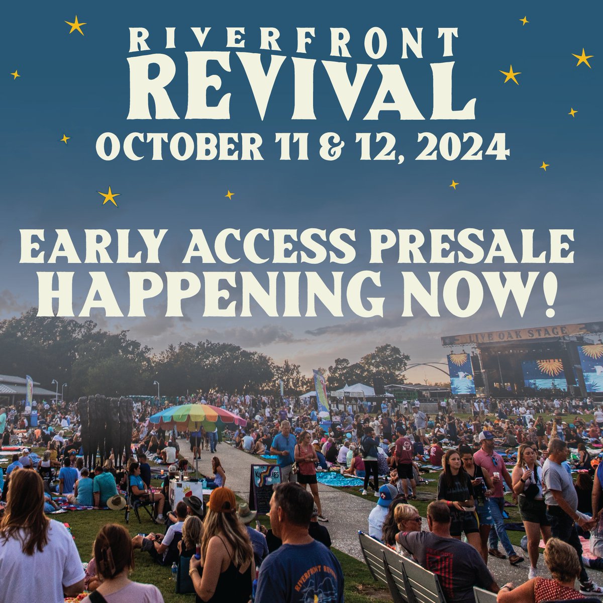 We're Back For 2024! Join us Oct 11 & 12 for the 3rd Annual Riverfront Revival 🌊 Early Access Presale is HAPPENING NOW! GA, GA+, and VIP Tier 1 priced weekend passes are on sale now! Click here👉 bit.ly/4bLmD4a to sign up for the newsletter to receive the code!