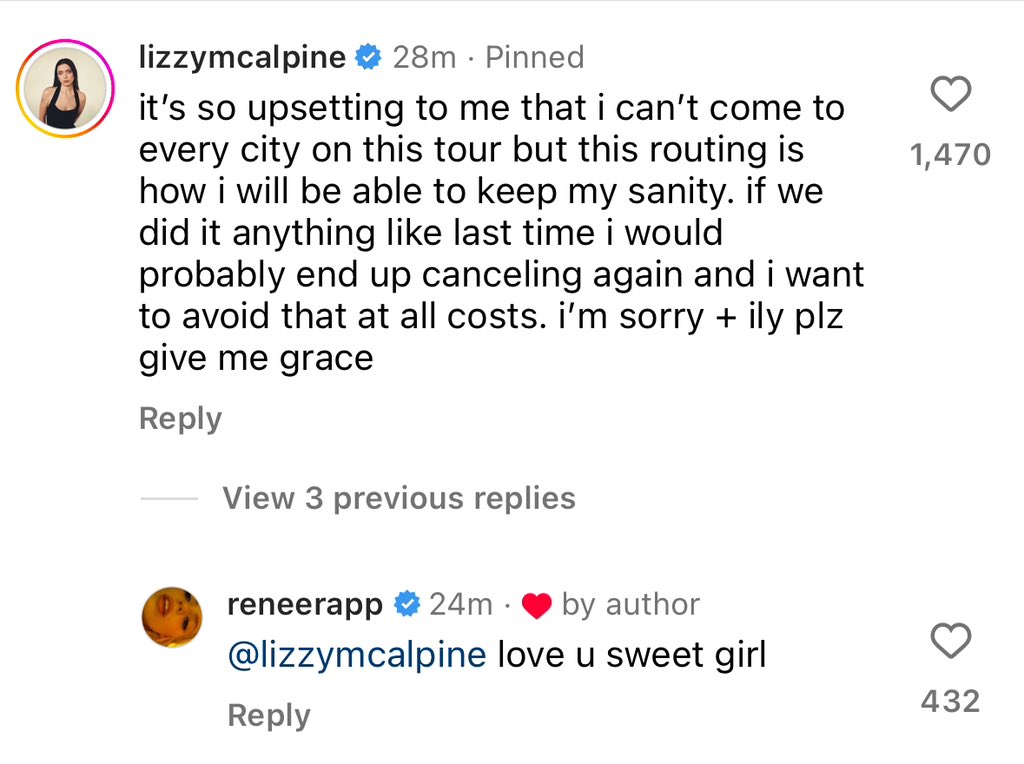 💬 | <a href="/reneerapp/">RMJ</a> replied to <a href="/LizzyMcAlpine/">lizzy mcalpine</a>’s comment on her tour announcement post about putting her mental health first with this tour

“love u sweet girl”