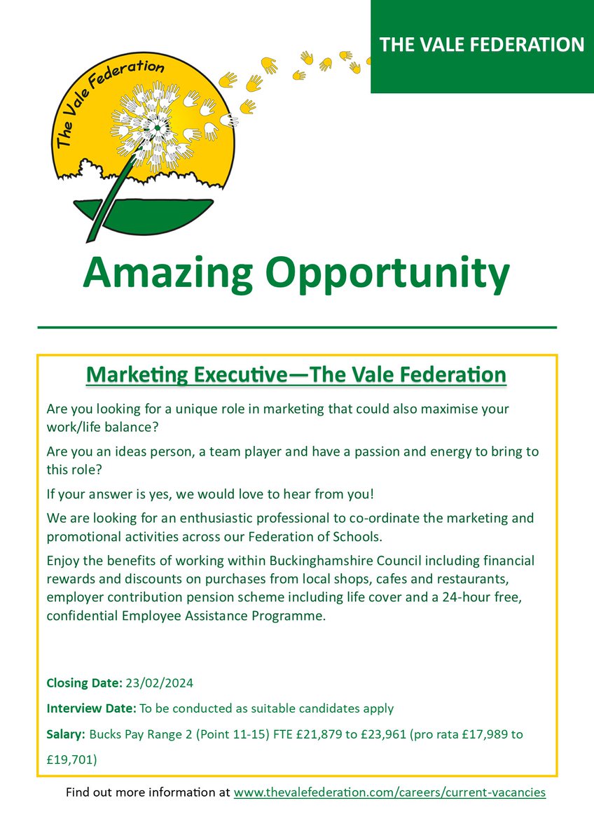 We have an exciting new opportunity to join the team here at The Vale Federation! Can you see yourself as our new Marketing Executive? Vacancy closes on 23/02/2024 - don't miss out on an exciting role with lots of new projects. #Recruiting #MarketingExecutive #Aylesburyvacancy