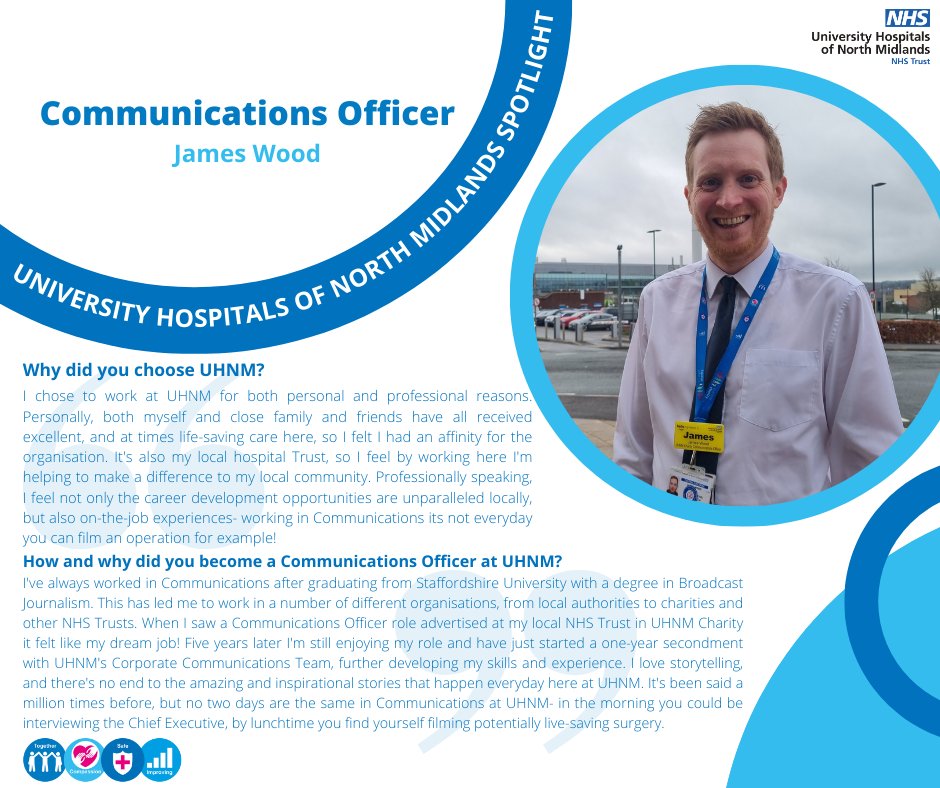 Meet James Wood, Communications Officer👋 This weeks @UHNM_NHS spotlight!🔦 'I love storytelling, and there's no end to the amazing and inspirational stories that happen everyday here at UHNM....'💬🌟 #MyUHNMcareer⭐️