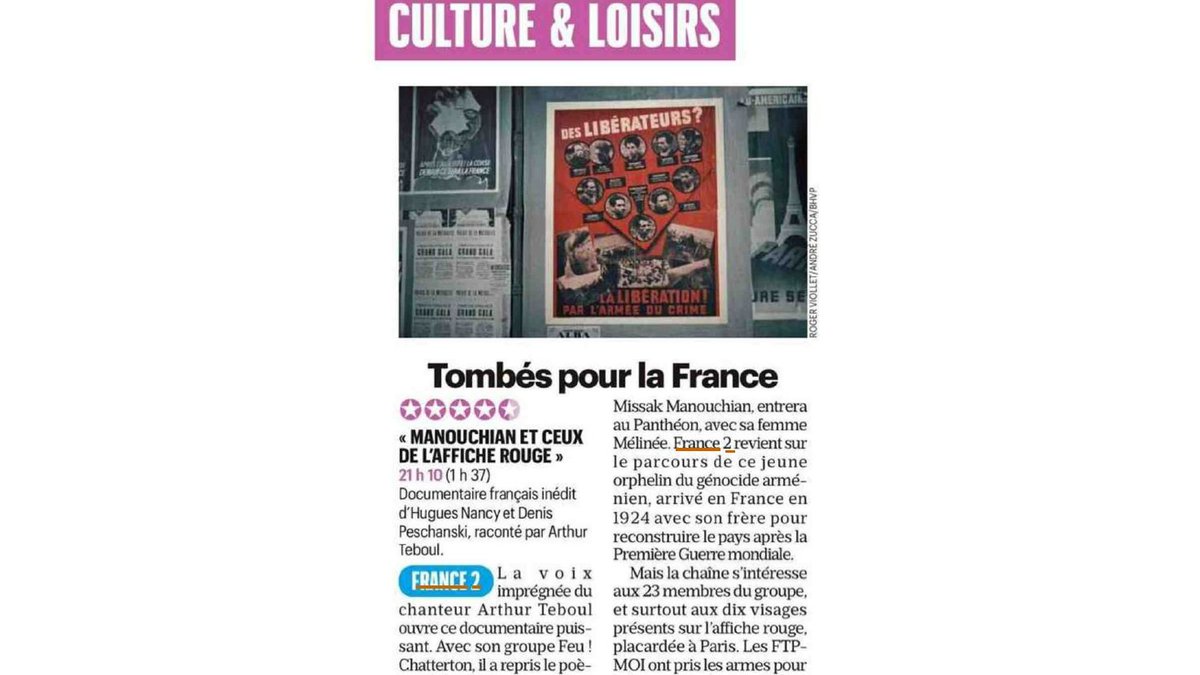 #LesMédiasEnParlent 

Ce soir à 21.10, à l'occasion de la #panthéonisation de Missak Manouchian #France2 diffuse le documentaire "Manouchian et ceux de l'Affiche rouge" de @Huguesnancy et <a href="/DenisPeschanski/">DenisPeschanski</a> 

à lire 👉 <a href="/Le_Figaro/">Le Figaro</a> <a href="/humanite_fr/">L'Humanité</a> <a href="/LaCroix/">La Croix</a> <a href="/le_Parisien/">Le Parisien</a>