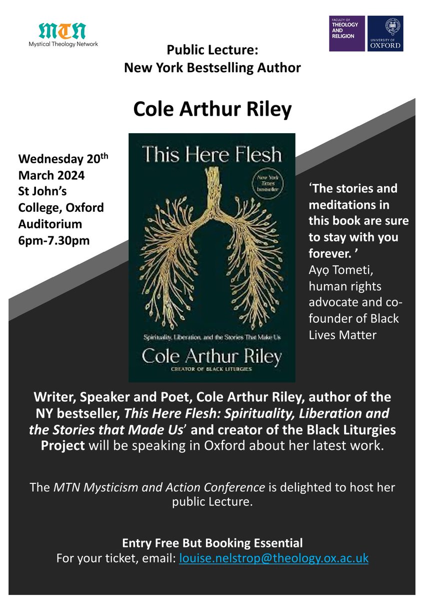 Michael Hahn (@m_s_hahn) on Twitter photo Really excited to hear <a href="/blackliturgist/">Cole Arthur Riley</a> Cole Arthur Riley's public lecture in conjunction with the <a href="/MysticTheology/">MysticalTheologyNet</a> Mystical Theology Network's annual conference in Oxford on 20th March.
The lecture is free and open to those not attending the conference, but booking is essential. Really excited to hear <a href="/blackliturgist/">Cole Arthur Riley</a> Cole Arthur Riley's public lecture in conjunction with the <a href="/MysticTheology/">MysticalTheologyNet</a> Mystical Theology Network's annual conference in Oxford on 20th March.
The lecture is free and open to those not attending the conference, but booking is essential.