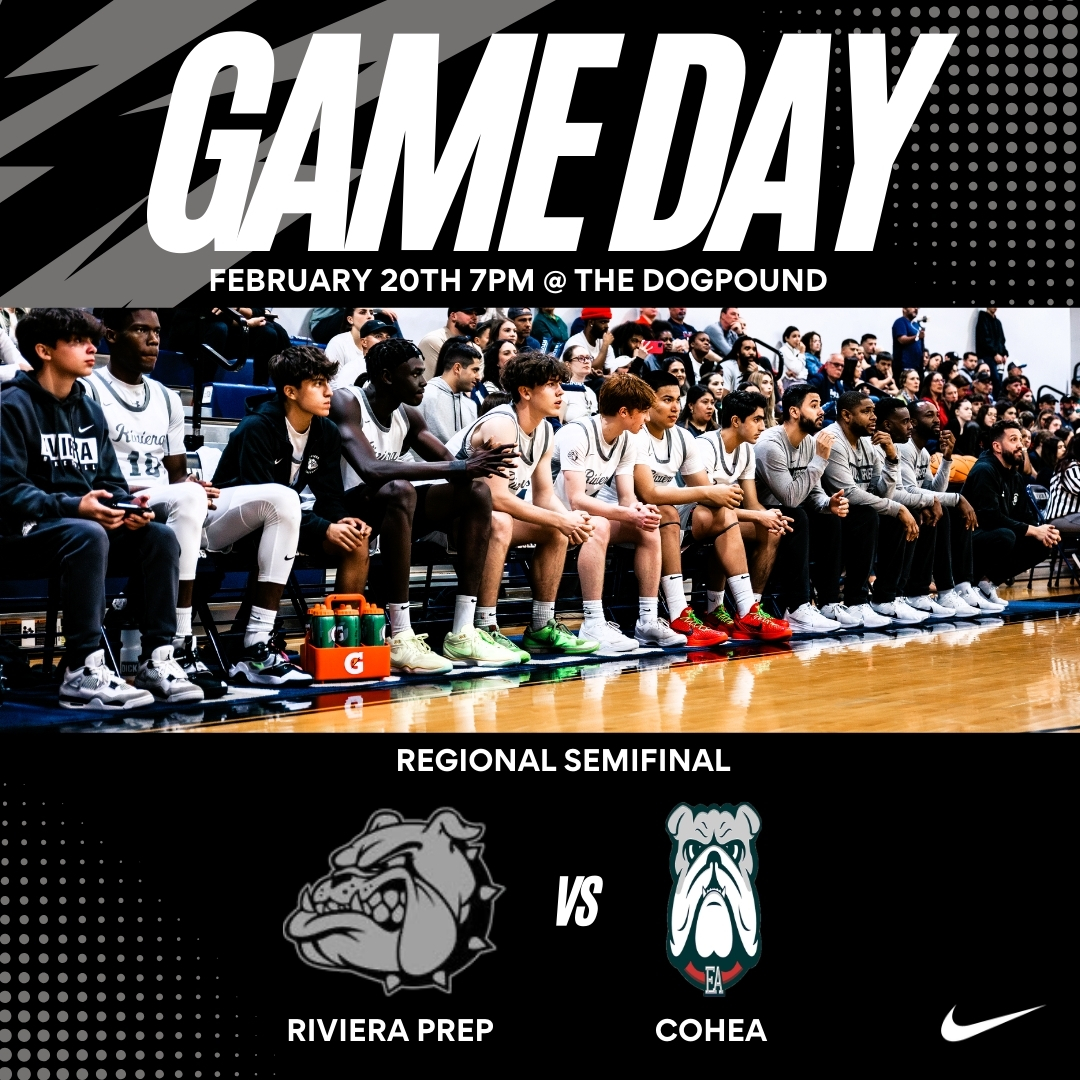 Gameday here at the DOGPOUND in a matchup between bulldogs tonight in the sweet 16. We are expecting a sold out crowd so get here EARLY! 🚨Regional Semifinal ⏰7:00 PM 🆚COHEA 📍 Riviera Prep Gym 'THE DOGPOUND'