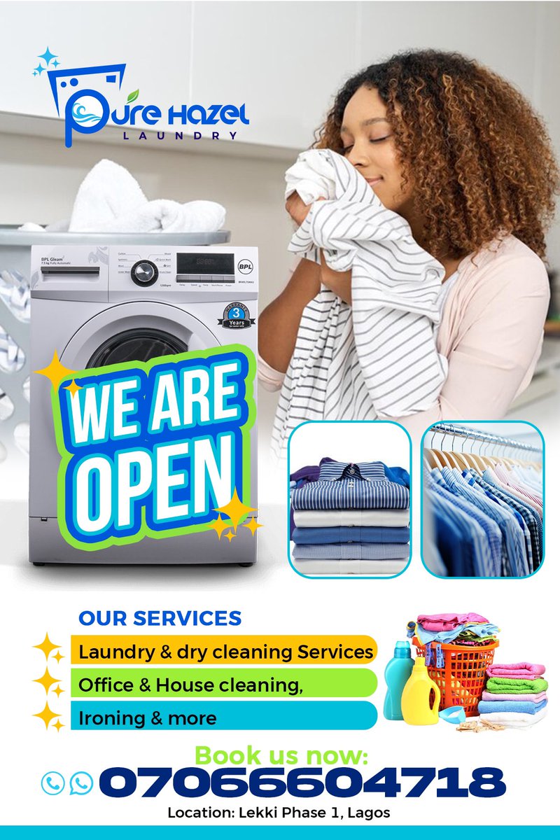 Introducing Pure Hazel Laundry , your number one laundry and cleaning service provider. 

We are open !!!
Relax and let us handle your laundry today . 

Send a DM or contact us via : 07066604718

#mercyaigbe #danielregha #Davido #laundryservices