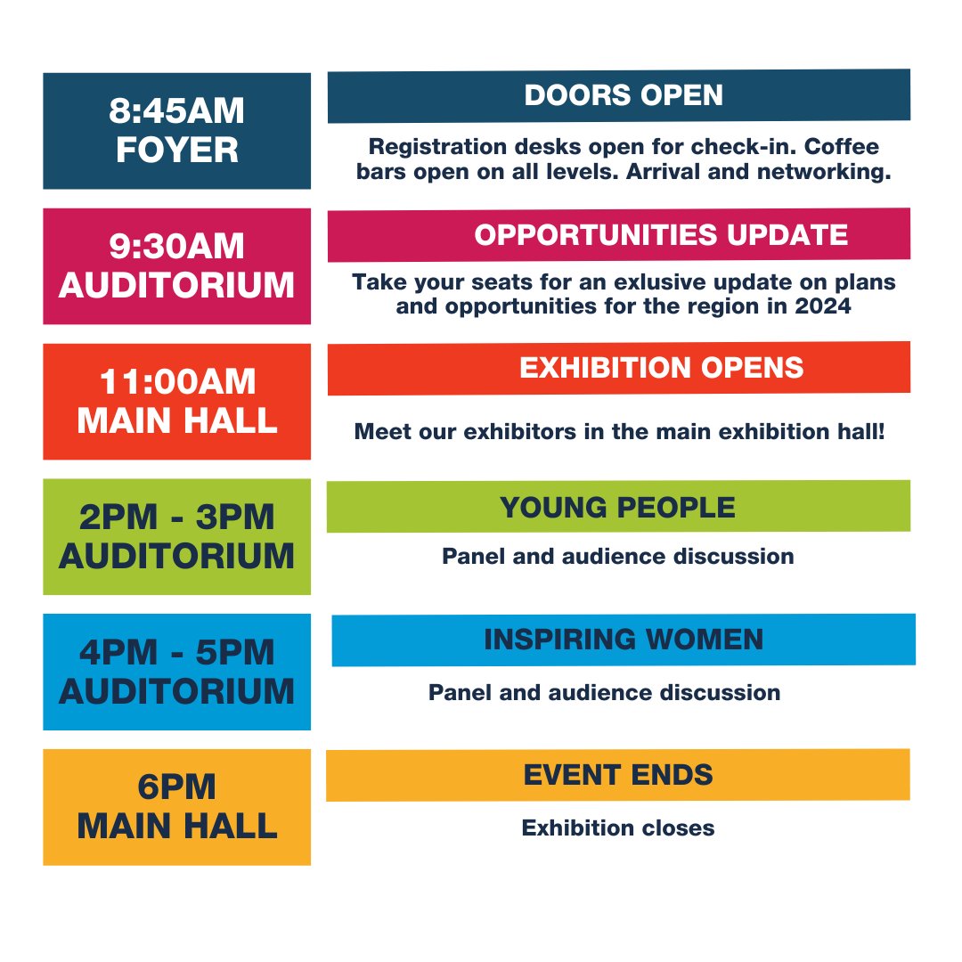 What's happening and when ⏰ Joining us for #ItsYourSwansea2024 Conference & Exhibition? We've designed the day so that you can pop in for the bits that interest you most, or join us for the whole event! Take a look at key timings for everything happening on the day 👇