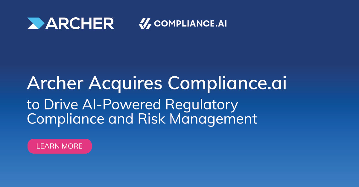 Archer welcomes Compliance.ai! Together, we're revolutionizing the way enterprises stay ahead in regulatory #compliance and #riskmanagement. Read today's press release: archer.ws/3uvXav7 #ai #irm #grc #compliance