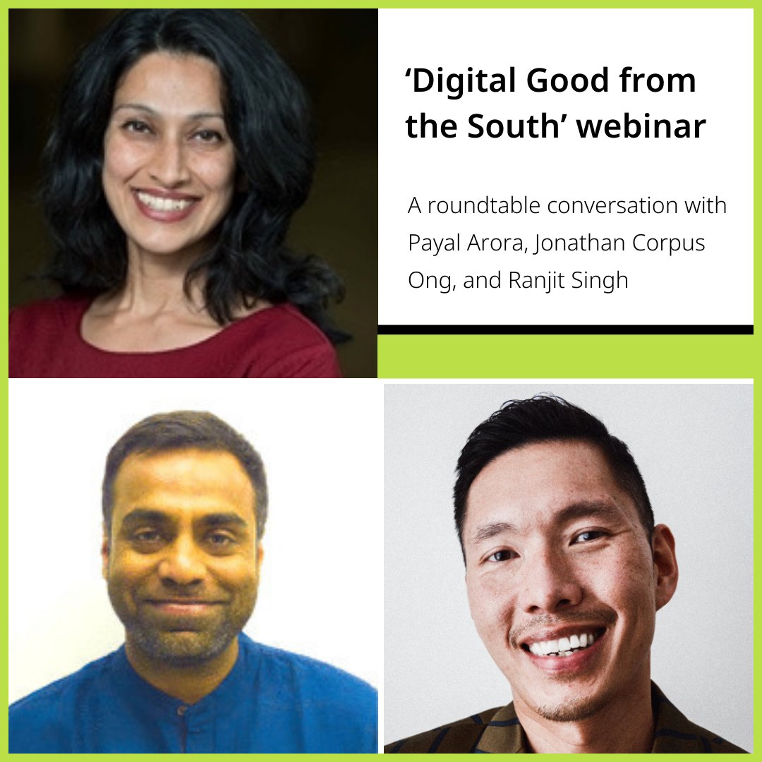 Digital Good from the South - A roundtable conversation with Payal Arora, Jonathan Corpus Ong, and Ranjit Singh
Plus info about our #Fellowships.
Tues 12 March 2024, 3PM – 4PM (UK time)
Free tickets:  digitalgood.net/promoting-the-…

@3Lmantra <a href="/jonathan_c_ong/">Jonathan Corpus Ong</a> <a href="/RanjitSinghCS/">Ranjit Singh</a> <a href="/datasociety/">Data & Society</a>