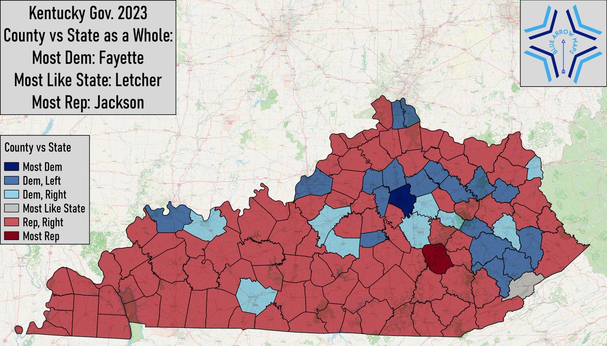 bluearrowMaps's tweet image. Map for a presentation that I have coming up: how Kentucky's counties voted in the recent gubernatorial election vs the state as a whole. Fayette dethroned Jefferson for bluest, and Jackson took reddest back from Leslie #ElectionTwitter
