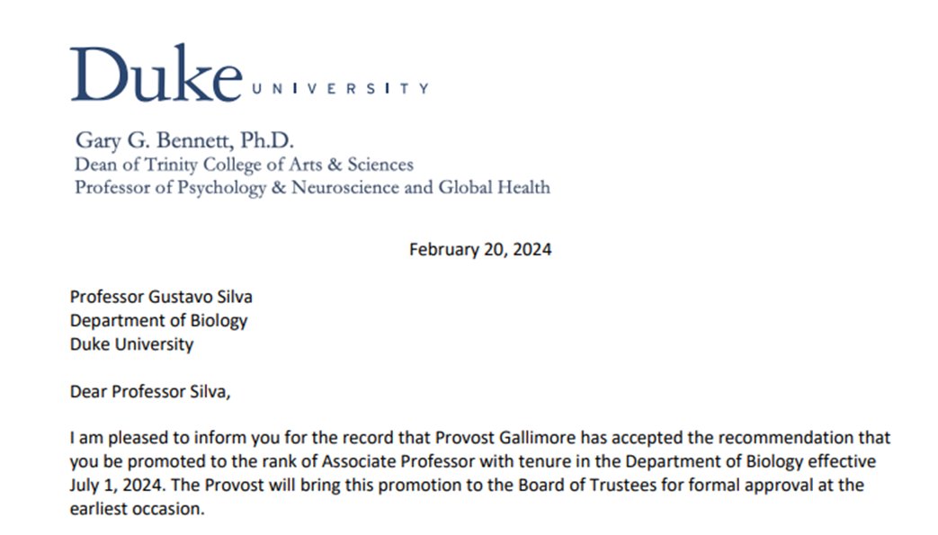 thesilvalab's tweet image. And then this email my box today!!  I&apos;m extremely happy and honored to announce that I&apos;ve been awarded TENURE and promoted to Associate Professor at @DukeU! Huge thanks to my lab, mentors, @DukeBiology, and the amazing community that supported us through this journey! 🍾🍾 #BHM