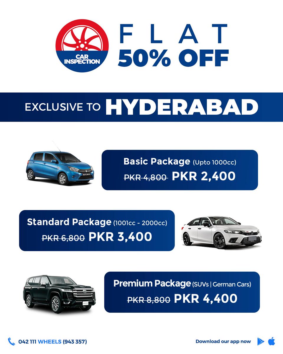 PakWheels's tweet photo. Hyderbadiyon Kay Liye Khushkhabri😍
Gari ki Inspection par PakWheels dy raha 50% Off!🤩
Book PakWheels inspection service at your doorstep: https://t.co/0QY0vR9Iy5
Call us at 042-111-943357
#PakWheels #CarInspection #PWInspection https://t.co/J20papoytf