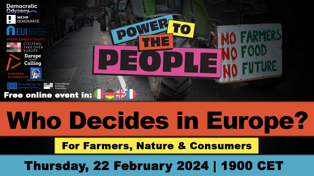 Dem_Odyssey's tweet image. Protests across Europe demand change in the food system, but what power do citizens hold in the EU? 

Join our transnational webinar on participatory democracy! 

⏰Thursday, February 22, 19:00 - 21:00
🚨Register now! 

europe-calling.de/en/webinar/pow…

#FoodSystemChange #EUDemocracy