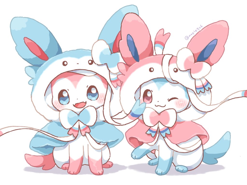 sylveon pokemon (creature) no humans one eye closed smile open mouth blue eyes hood  illustration images
