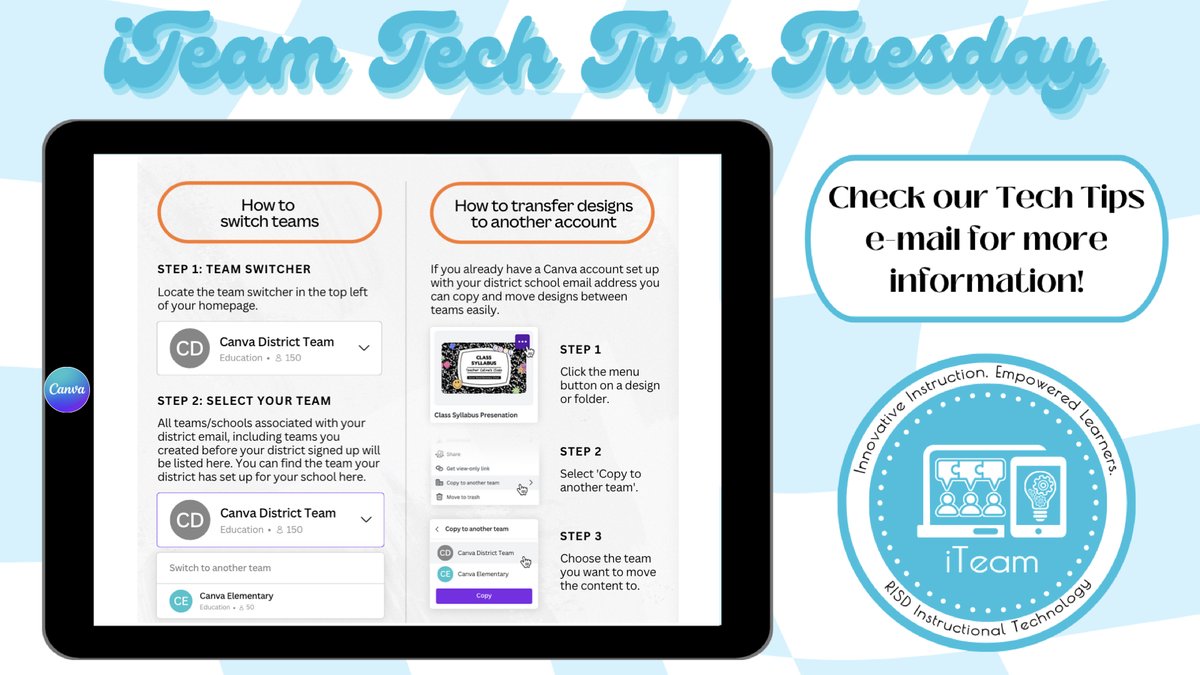 RISDiTeam's tweet photo. β¨Are you a Canva user? We are moving to Canva for Education, so not only will you have premium access, but so will our students! Stay tuned next week for student access. Check out #TechTipsTuesday to learn how to access your previous content. #RISDWeAreOne #LearnWithiTeam https://t.co/BzOxVKCiAf