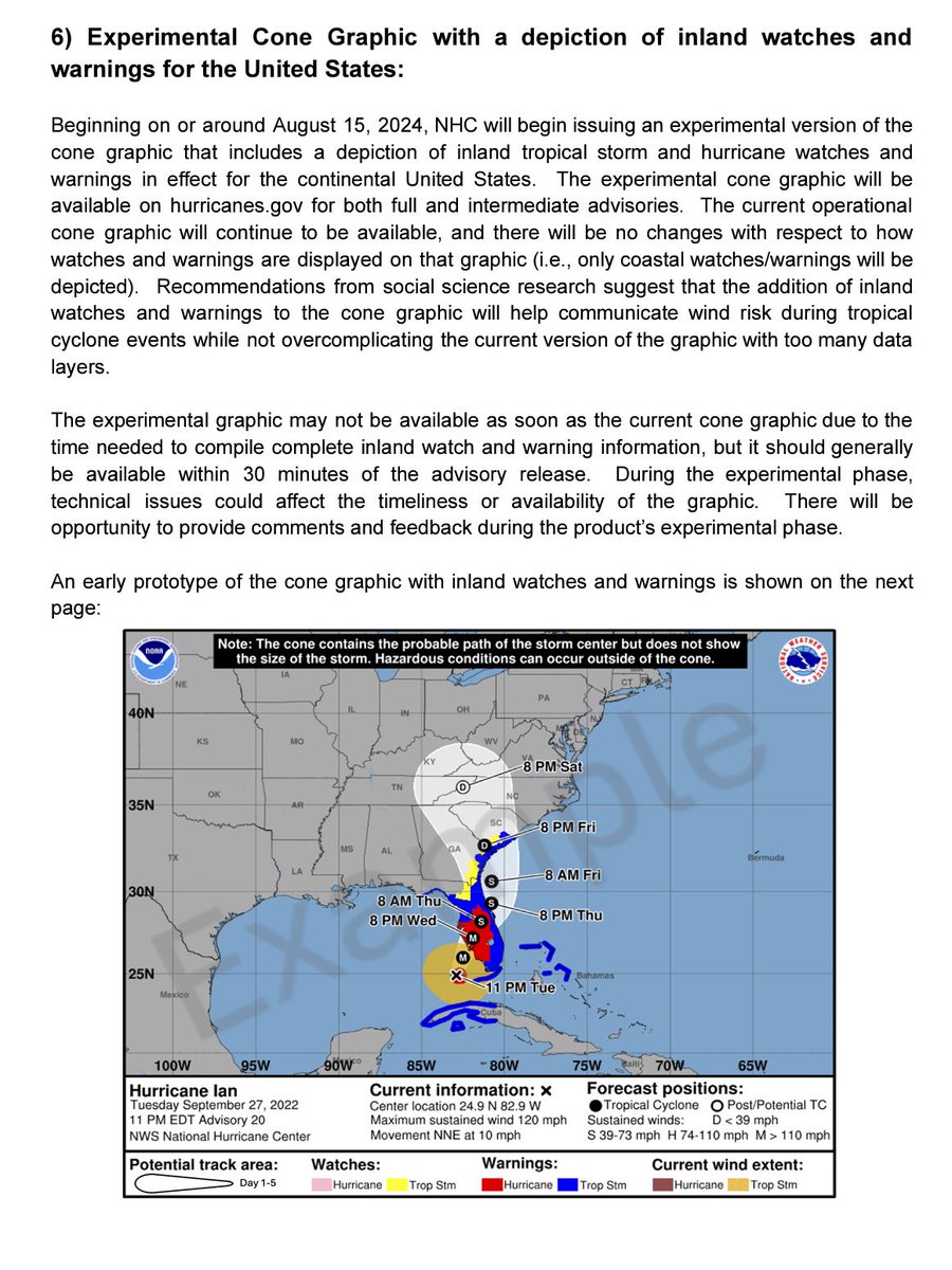 NHC has announced updates to our products and services for the 2024 hurricane season, including new Spanish text products, issuance of watches/warnings on intermediate advisories, and an experimental cone graphic depicting inland U.S. watches/warnings.

nhc.noaa.gov/pdf/NHC_New_Pr…