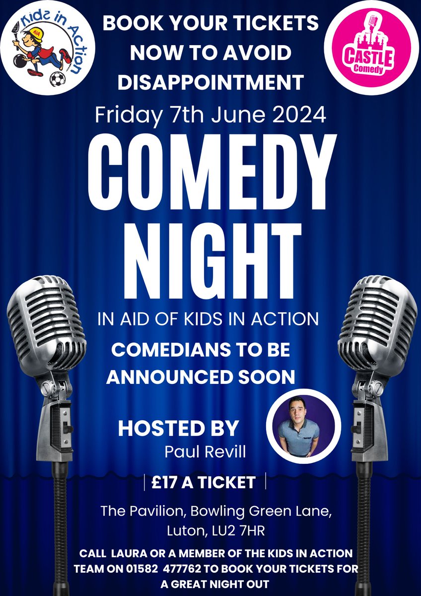 kidsinaction20's tweet photo. SAVE THE DATE!!!!
Comedy night on Friday 7th June in aid of Kids In Action. Call the office on 01582 477762 to book your tickets now to avoid disappointment!!! #kidsinaction #helpustohelpthem #comedynight #castlecomedy https://t.co/8kQINZW3R6